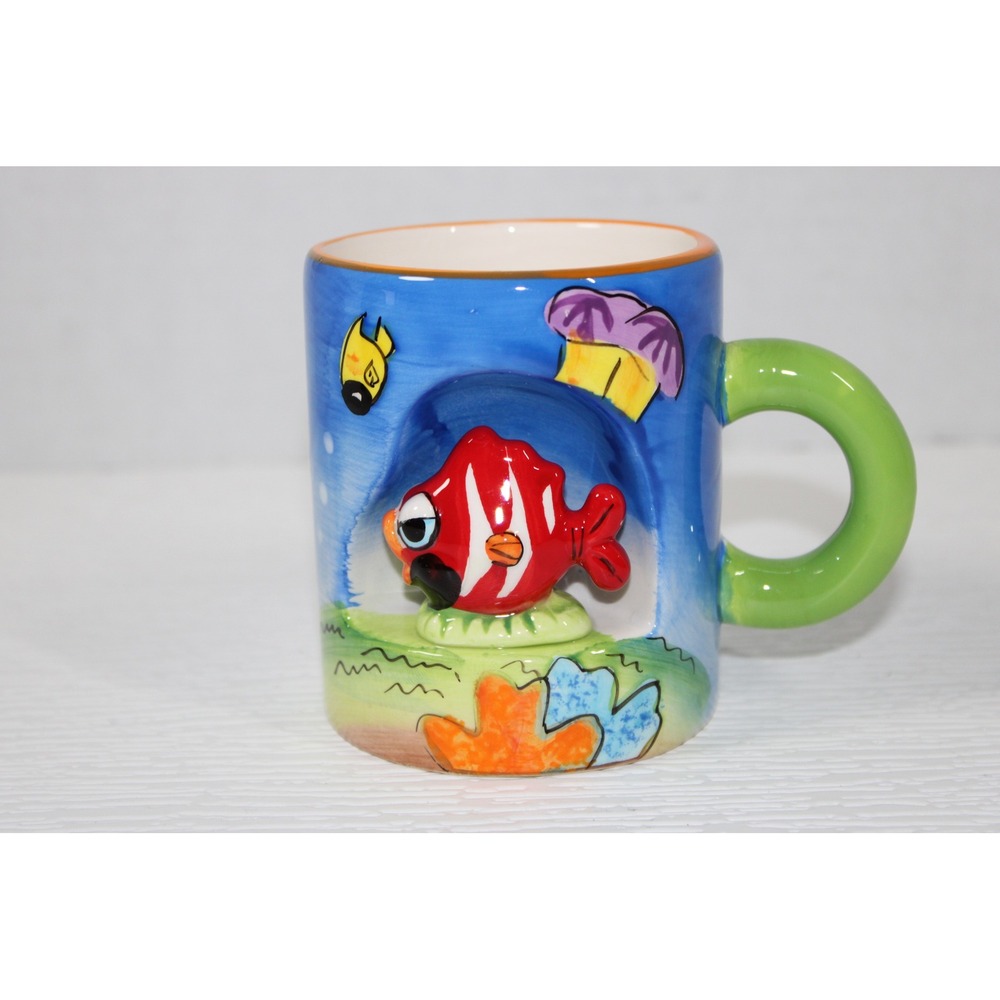 3D Relief Fish Ceramic Coffee Mug Hand Painted Underwater Scene Blue S0196